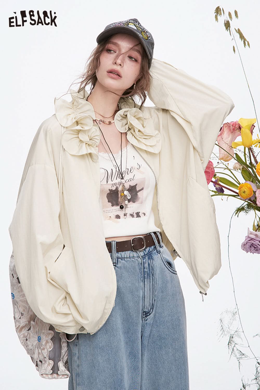 ELFSACK Y2K Ruffles Collar Casual Loose Jacket Women Sweet Solid Long Sleeve Tops