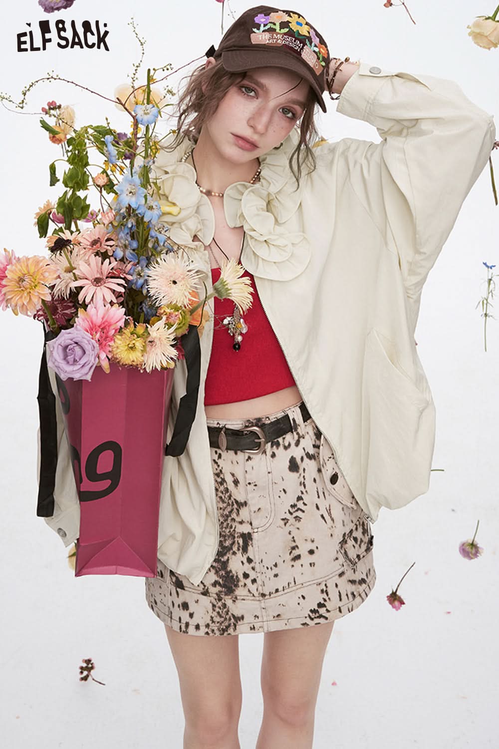 ELFSACK Y2K Ruffles Collar Casual Loose Jacket Women Sweet Solid Long Sleeve Tops