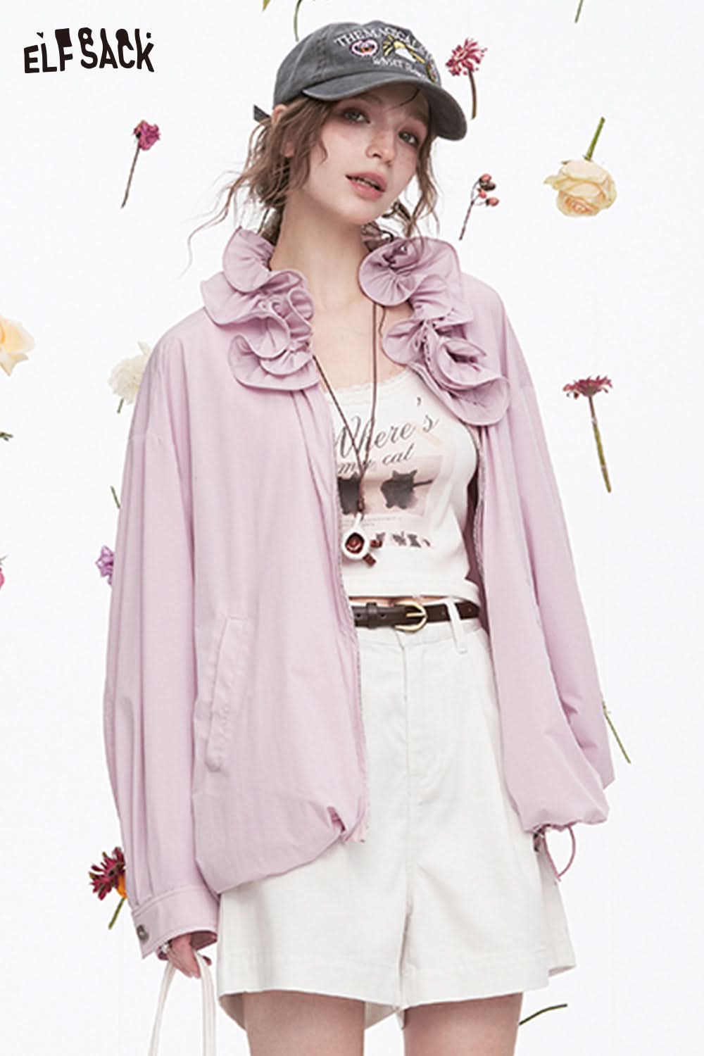 ELFSACK Y2K Ruffles Collar Casual Loose Jacket Women Sweet Solid Long Sleeve Tops