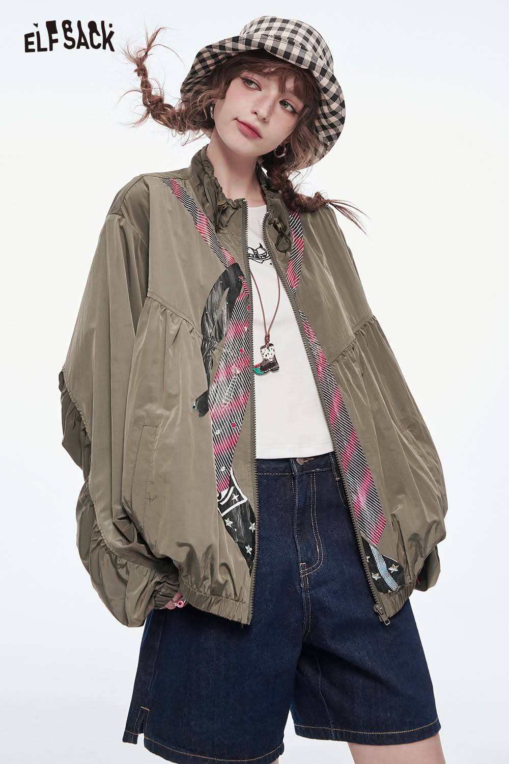 ELFSACK Original Print Retro Loose Jacket Women Casual Stand Collar Pleated Zipper Top
