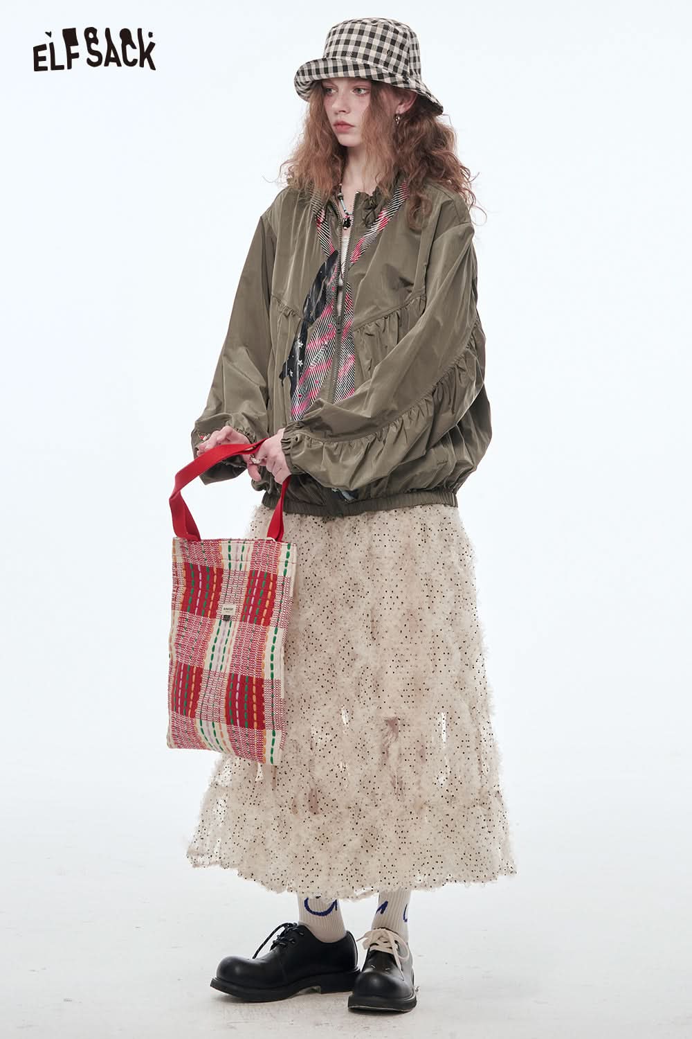 ELFSACK Original Print Retro Loose Jacket Women Casual Stand Collar Pleated Zipper Top