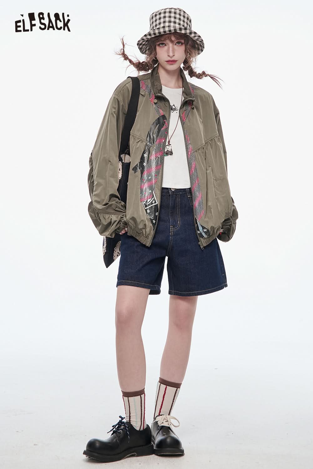 ELFSACK Original Print Retro Loose Jacket Women Casual Stand Collar Pleated Zipper Top