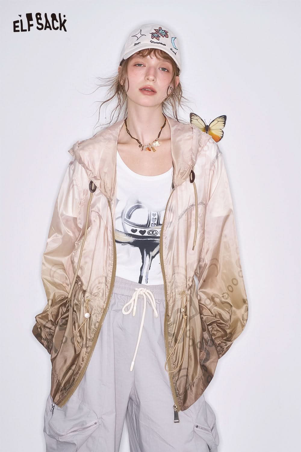 ELFSACK Gradient outdoor hooded jacket, casual retro and relaxed top