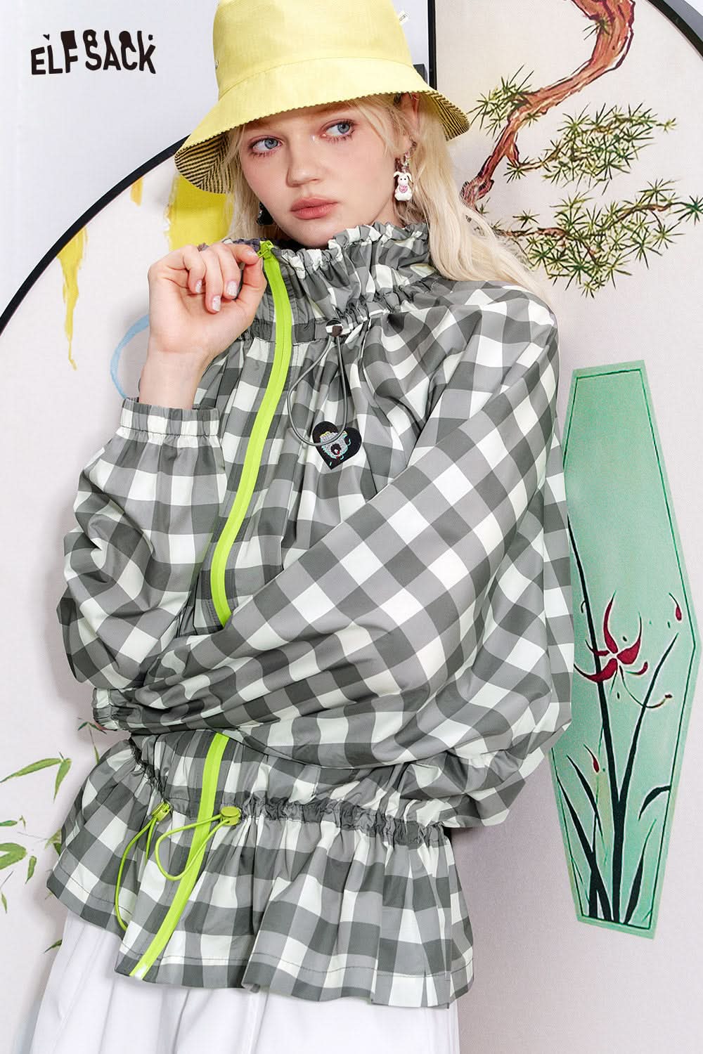 ELFSACK Dopamine waist cinching drawstring plaid top jacket