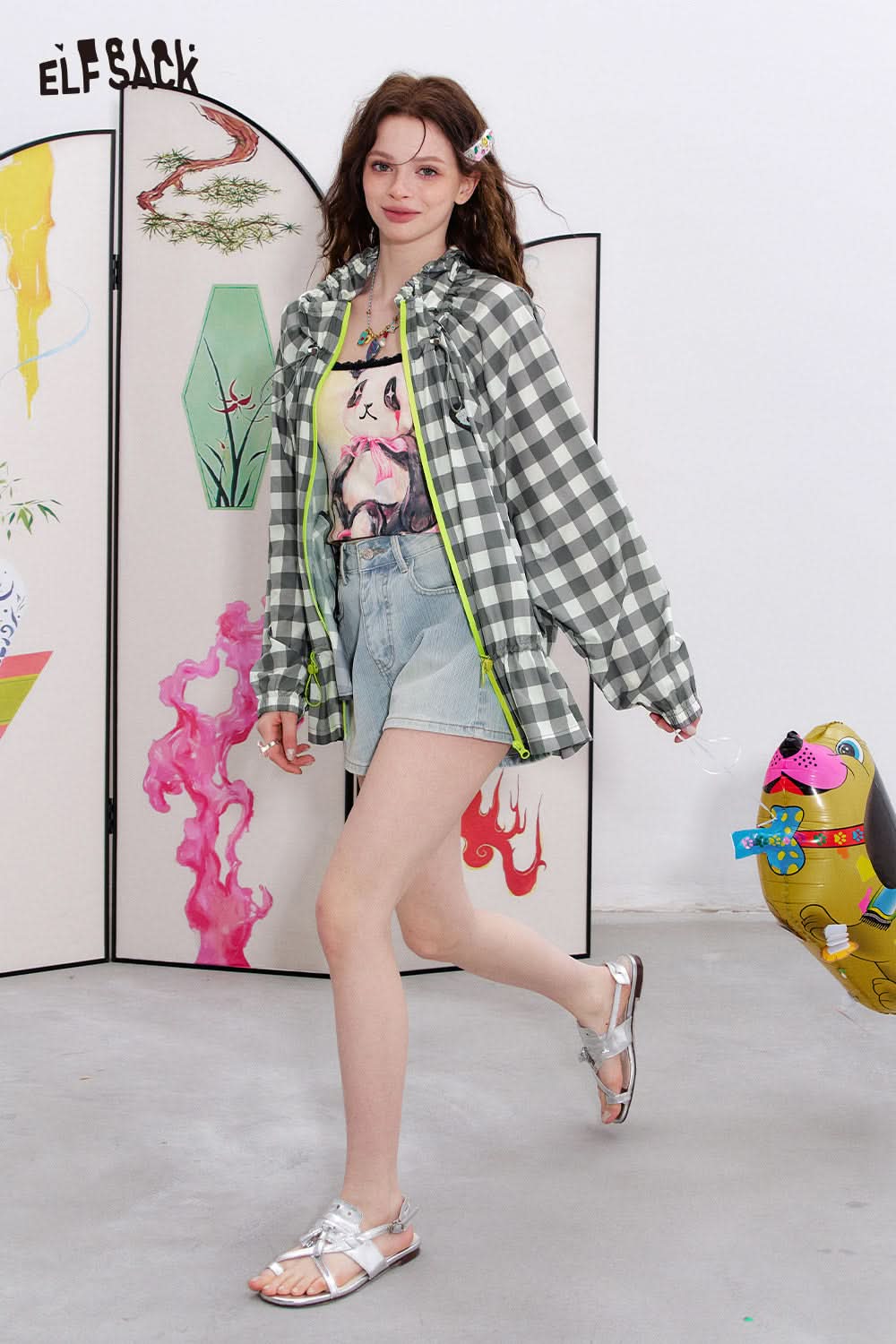 ELFSACK Dopamine waist cinching drawstring plaid top jacket