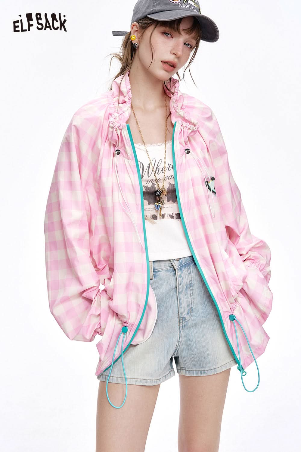 ELFSACK Dopamine waist cinching drawstring plaid top jacket