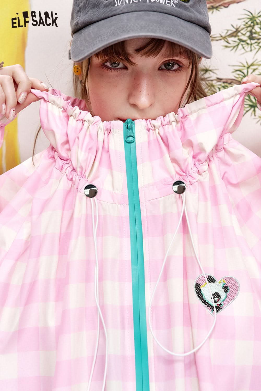 ELFSACK Dopamine waist cinching drawstring plaid top jacket