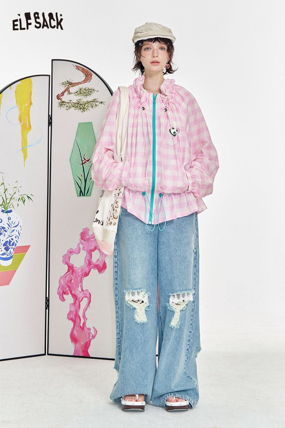 ELFSACK Dopamine waist cinching drawstring plaid top jacket