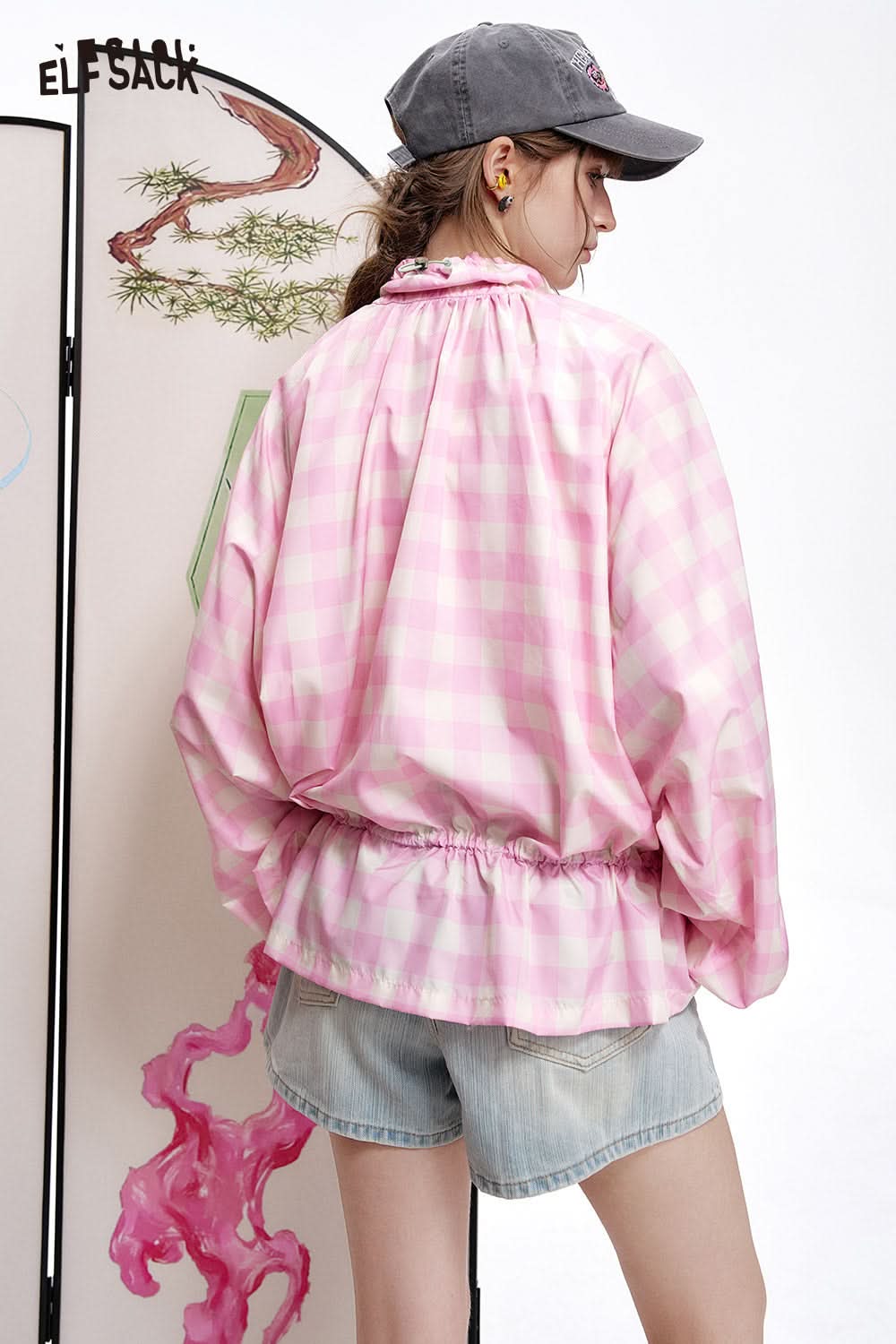 ELFSACK Dopamine waist cinching drawstring plaid top jacket