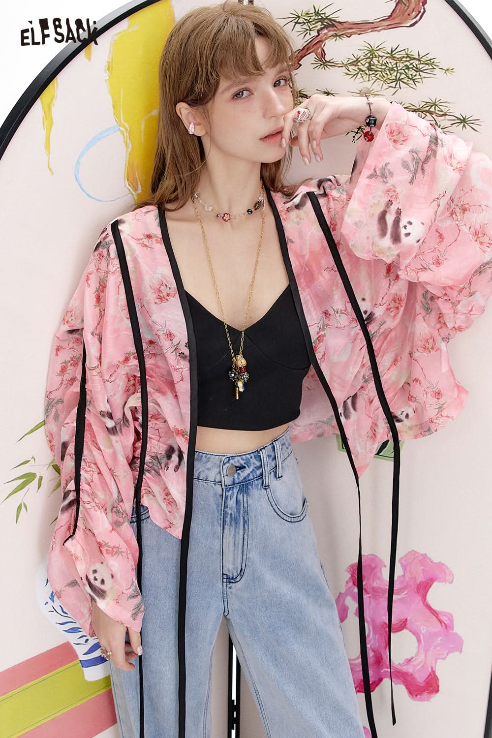 ELFSACK Panda print satin lace up shirt heavy-duty pleated cardigan