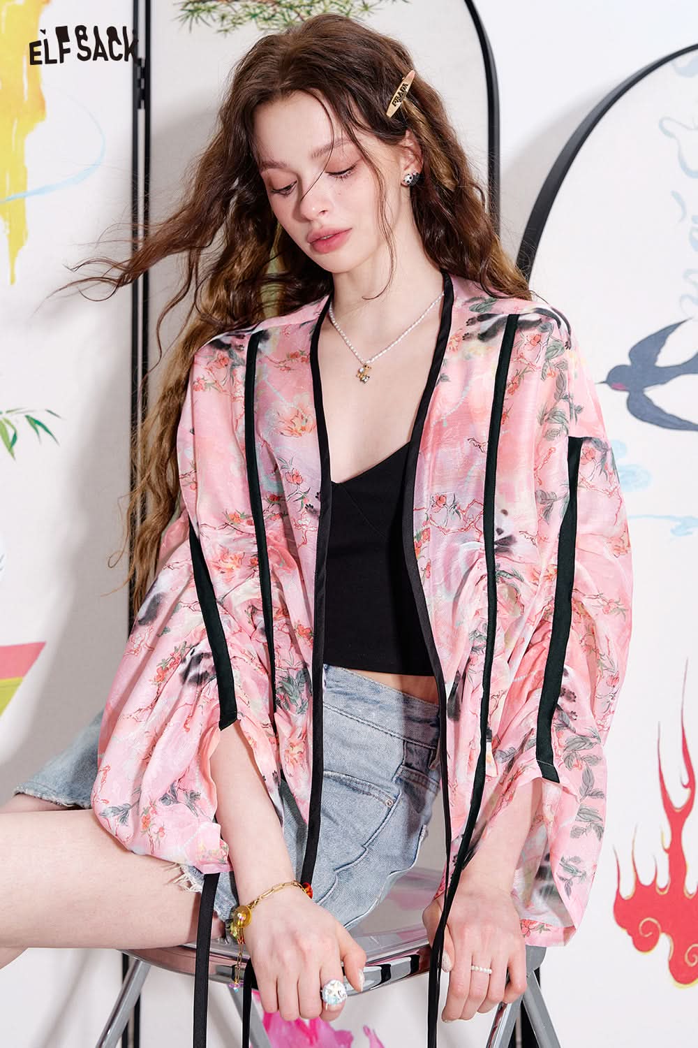 ELFSACK Panda print satin lace up shirt heavy-duty pleated cardigan