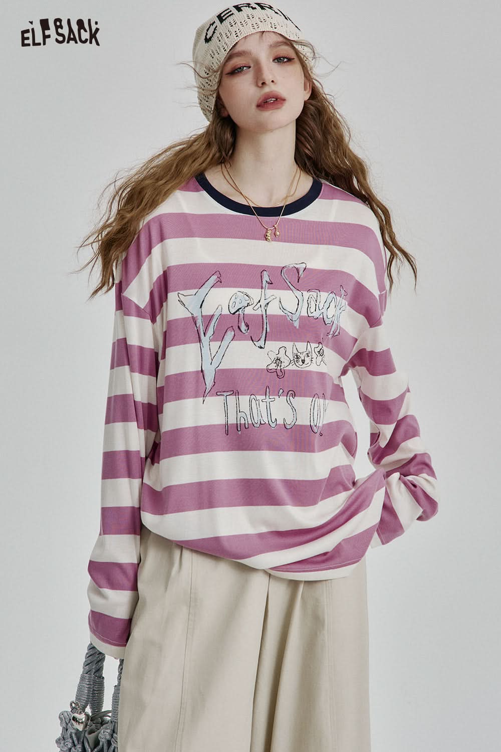 ELFSACK Y2K Striped Letters Printed Long Sleeve T-Shirt Women Goth Loose Casual Top