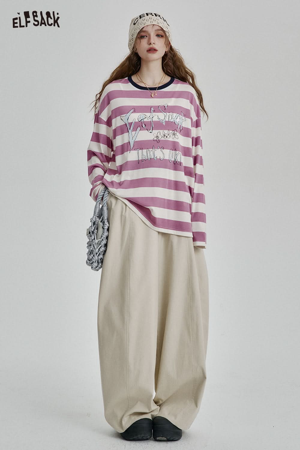 ELFSACK Y2K Striped Letters Printed Long Sleeve T-Shirt Women Goth Loose Casual Top