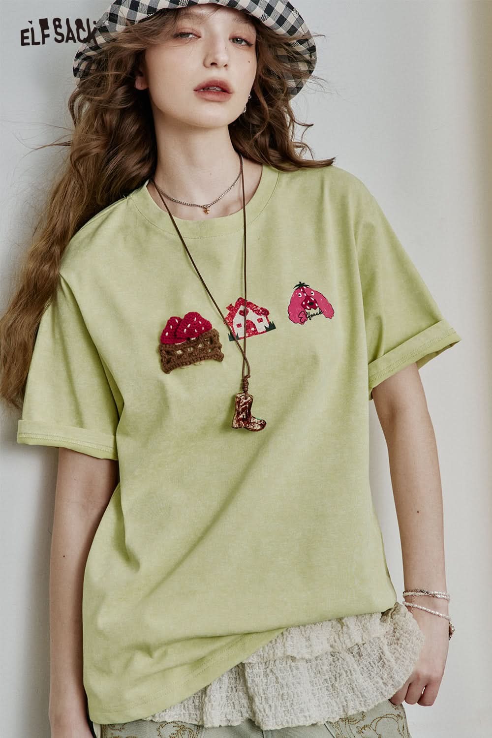 ELFSACK Dopamine Casual Versatile Printed Short Sleeve Slim T-shirt Women