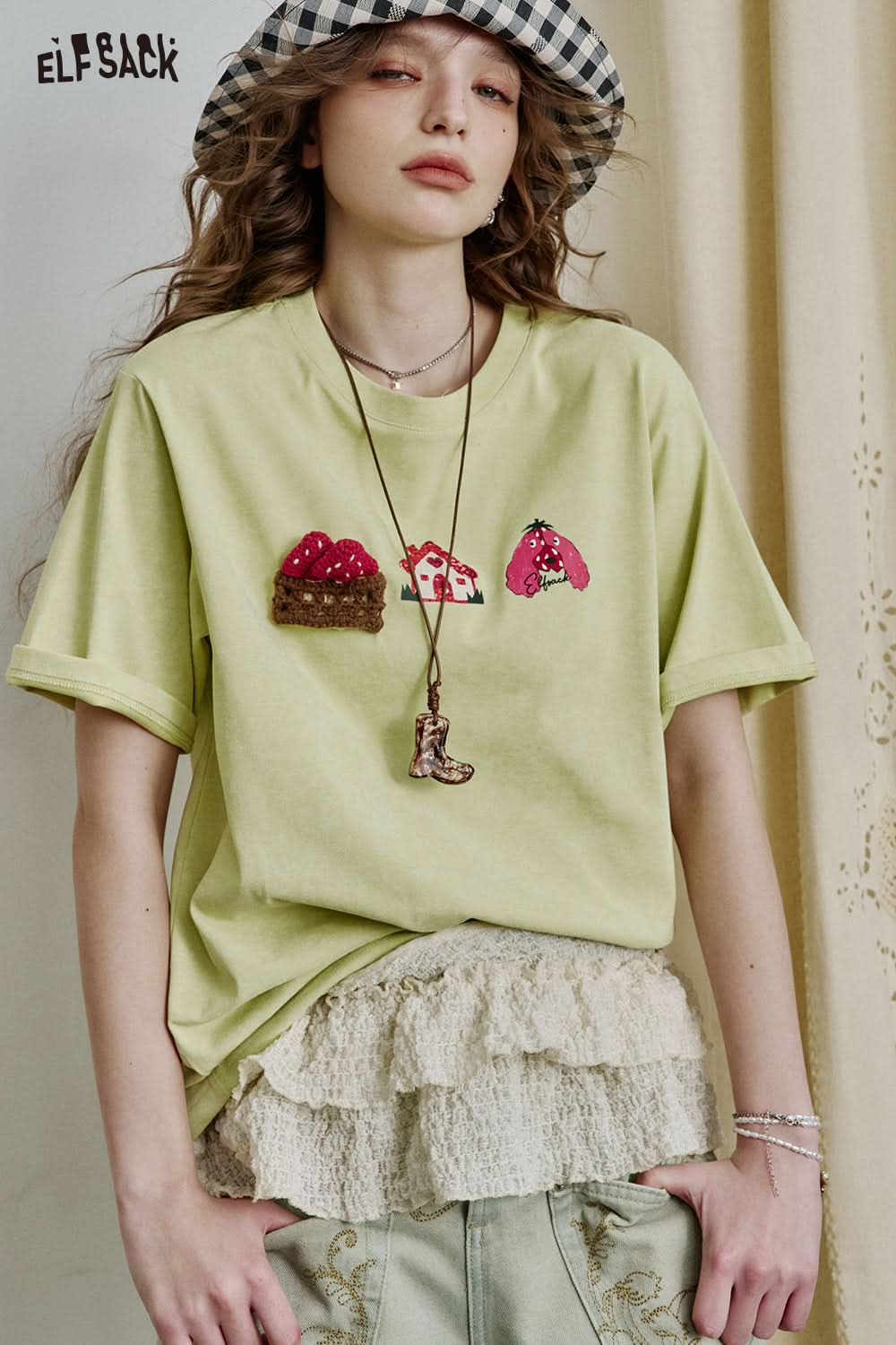 ELFSACK Dopamine Casual Versatile Printed Short Sleeve Slim T-shirt Women
