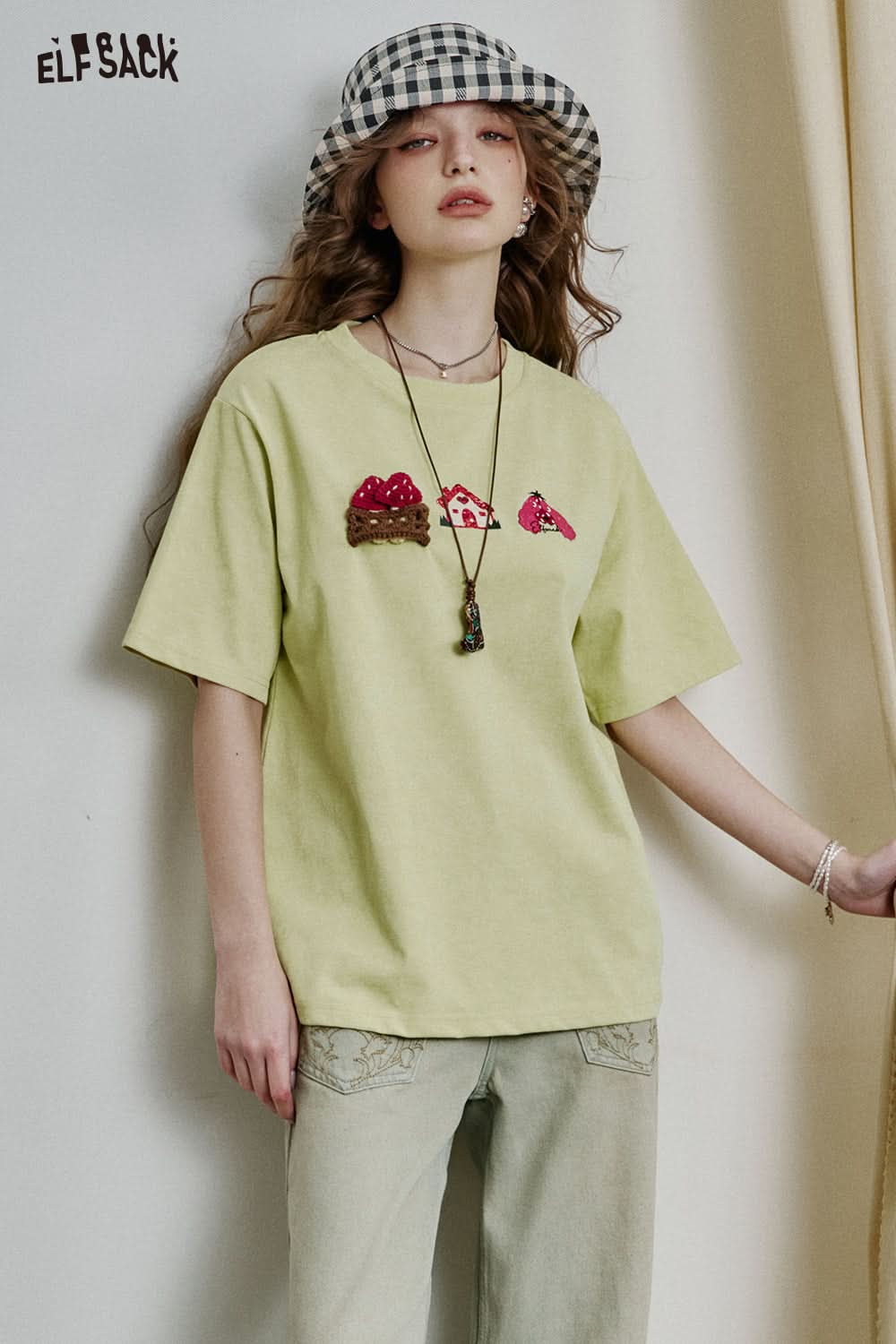 ELFSACK Dopamine Casual Versatile Printed Short Sleeve Slim T-shirt Women