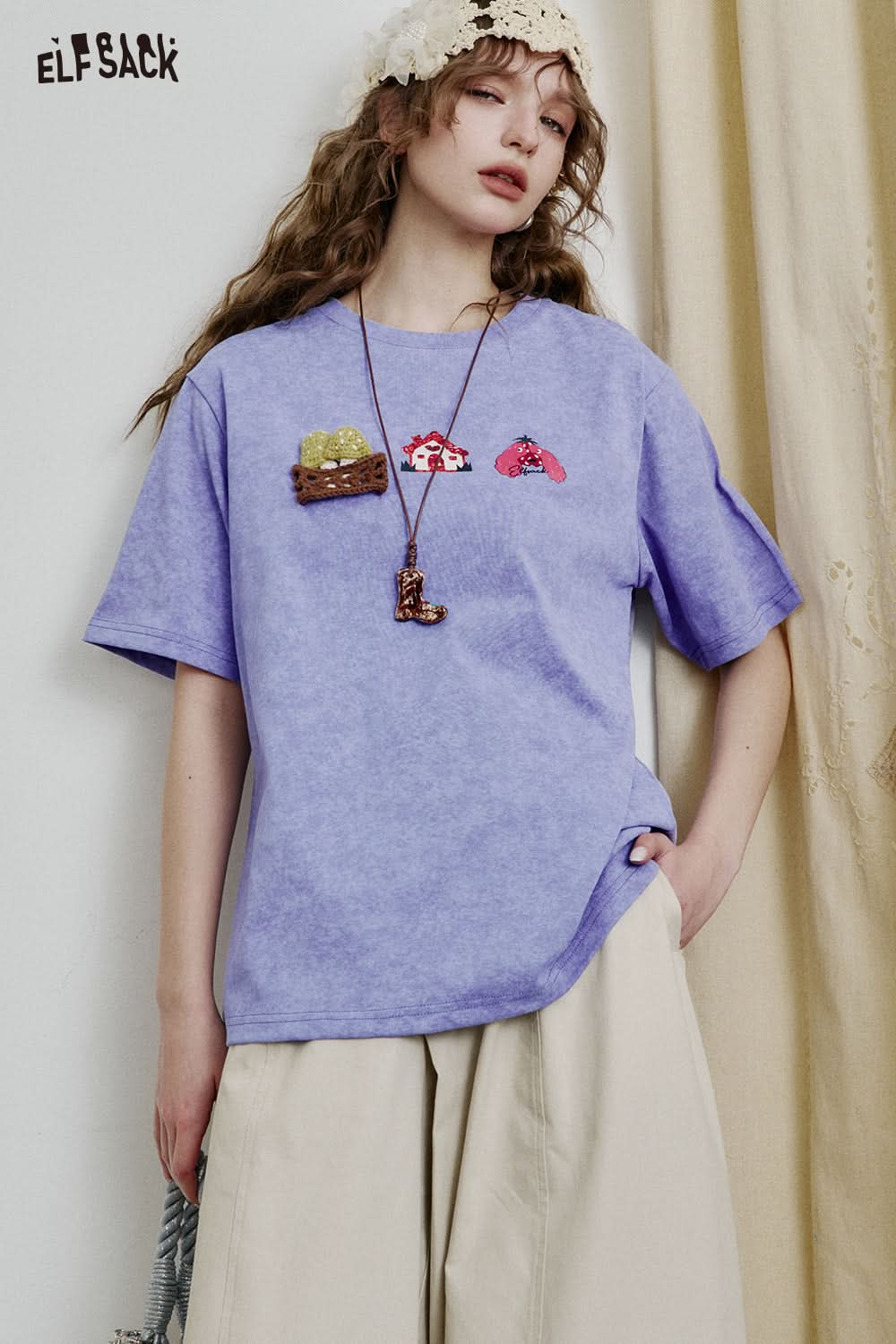 ELFSACK Dopamine Casual Versatile Printed Short Sleeve Slim T-shirt Women