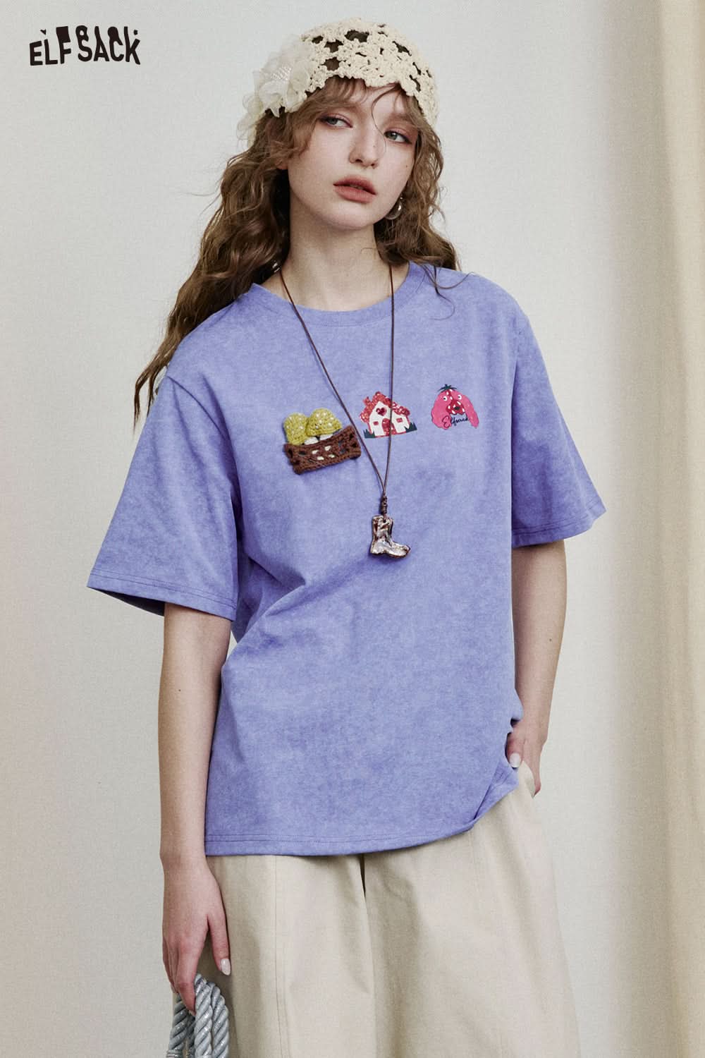 ELFSACK Dopamine Casual Versatile Printed Short Sleeve Slim T-shirt Women