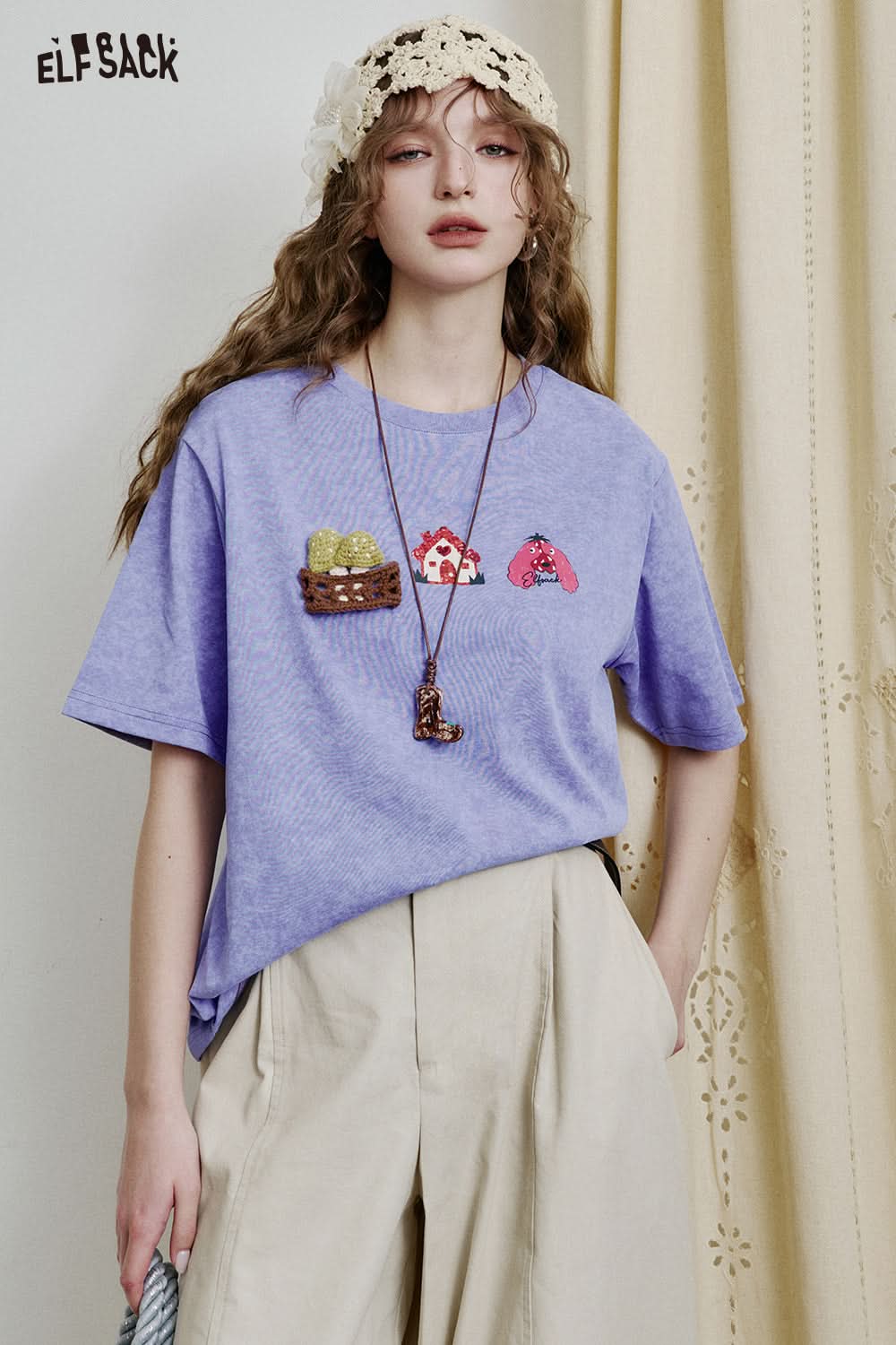 ELFSACK Dopamine Casual Versatile Printed Short Sleeve Slim T-shirt Women
