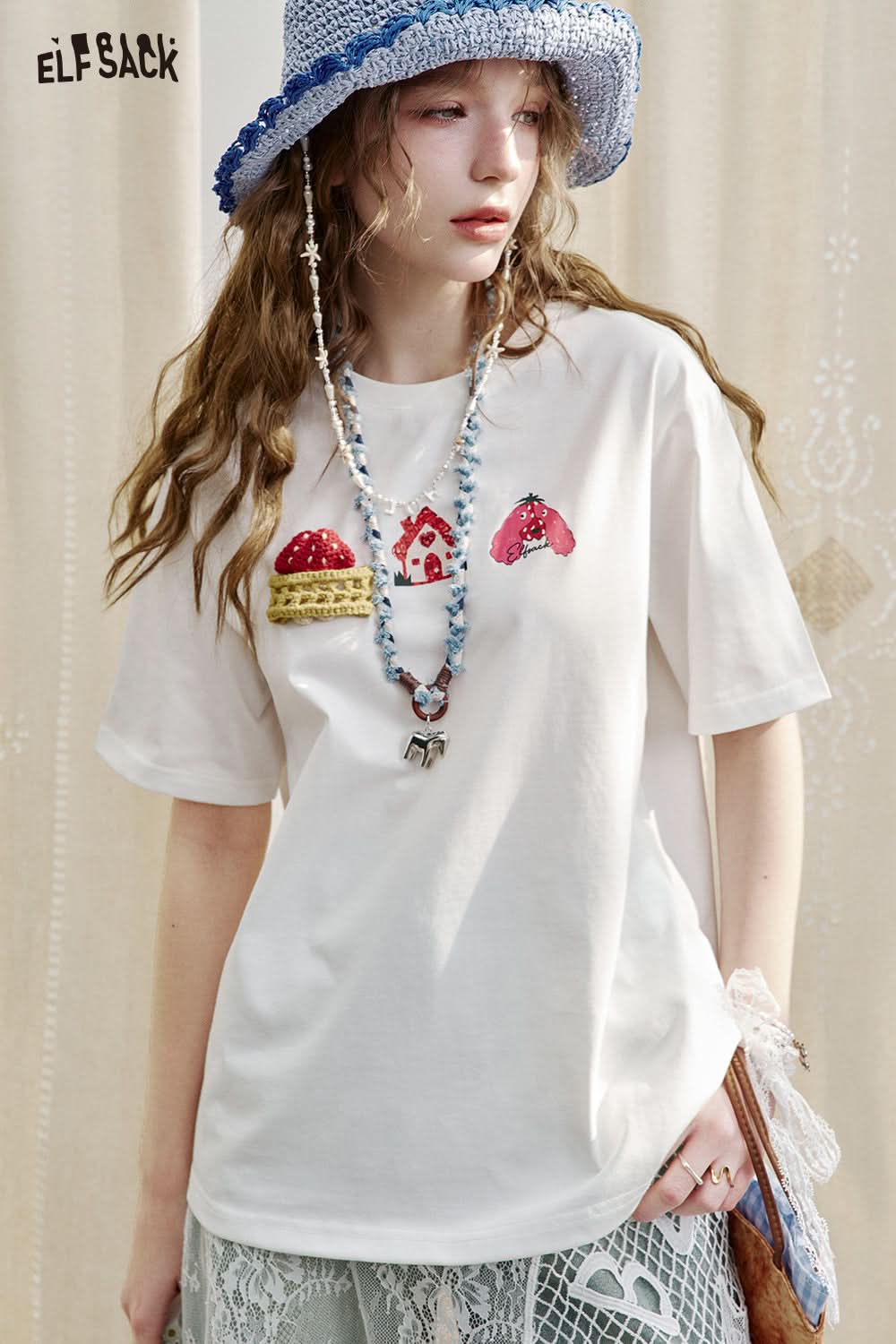 ELFSACK Dopamine Casual Versatile Printed Short Sleeve Slim T-shirt Women