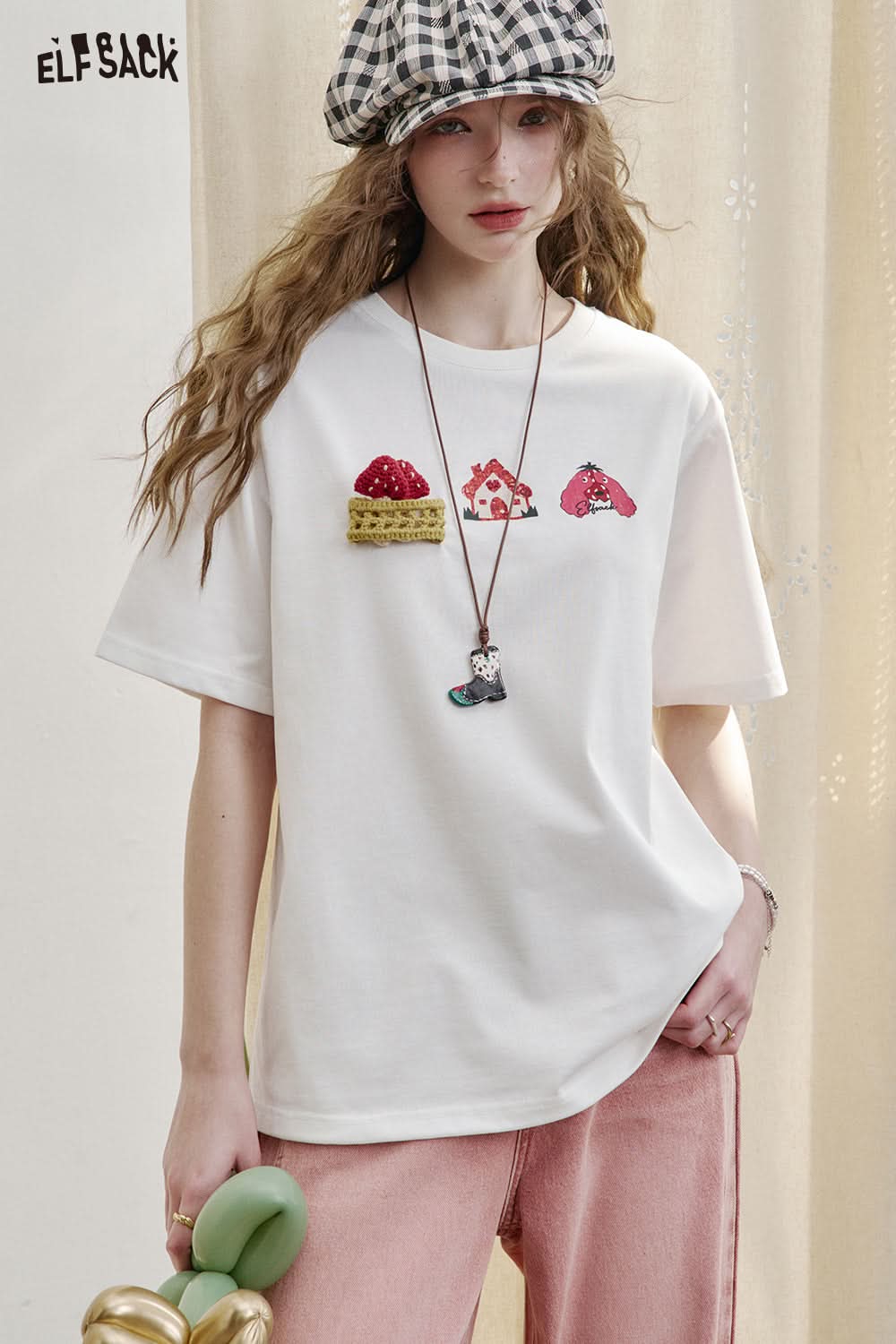 ELFSACK Dopamine Casual Versatile Printed Short Sleeve Slim T-shirt Women