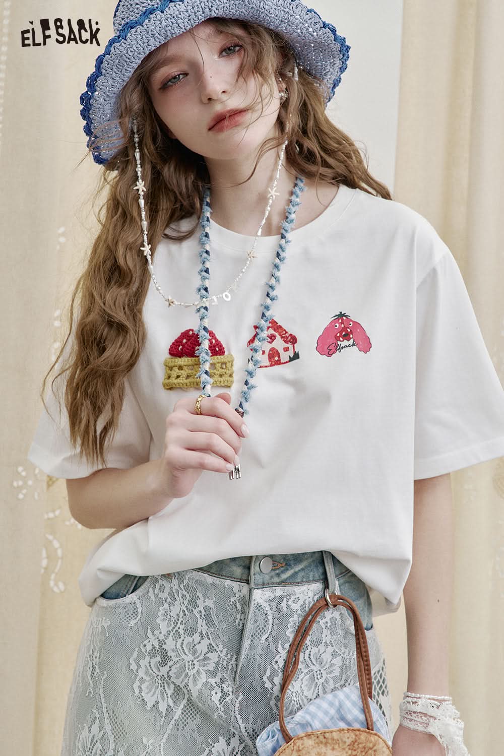 ELFSACK Dopamine Casual Versatile Printed Short Sleeve Slim T-shirt Women