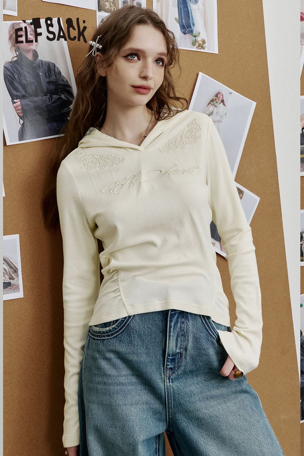 ELFSACK White Embroidered Long Sleeve T-shirt Women Short Lace Hooded Y2K Top