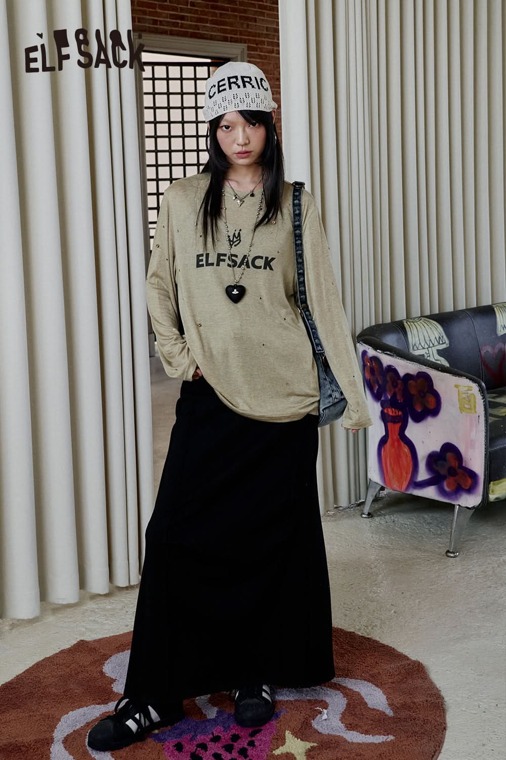 ELFSACK Vintage Diamonds Letter Print Long Sleeve T-Shirt Women Streetwear Casual Loose Top