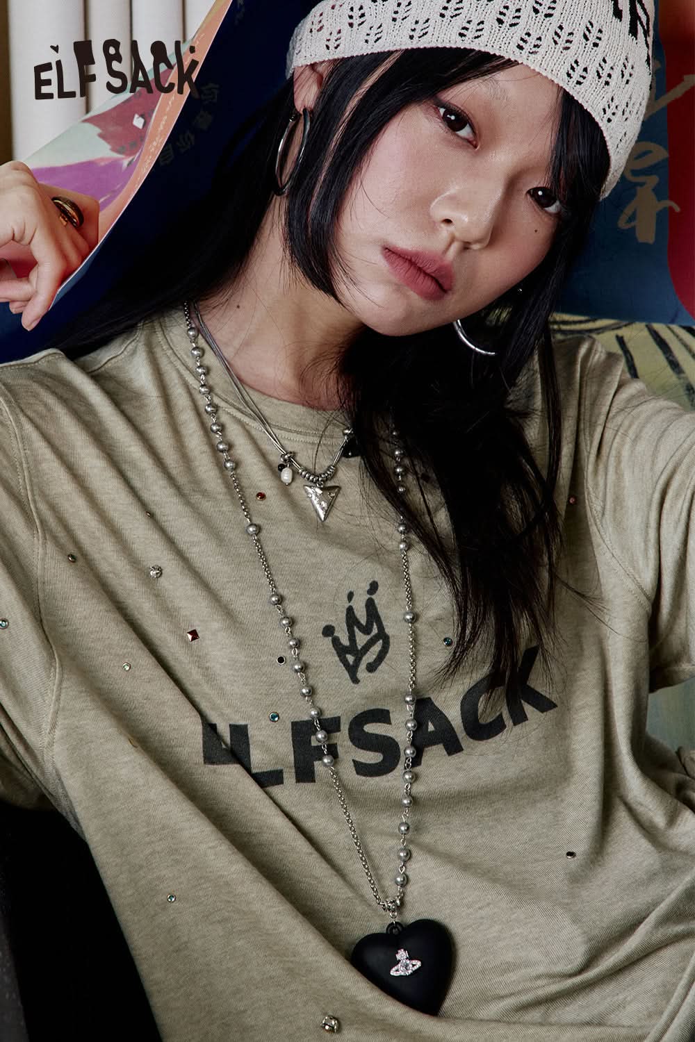 ELFSACK Vintage Diamonds Letter Print Long Sleeve T-Shirt Women Streetwear Casual Loose Top