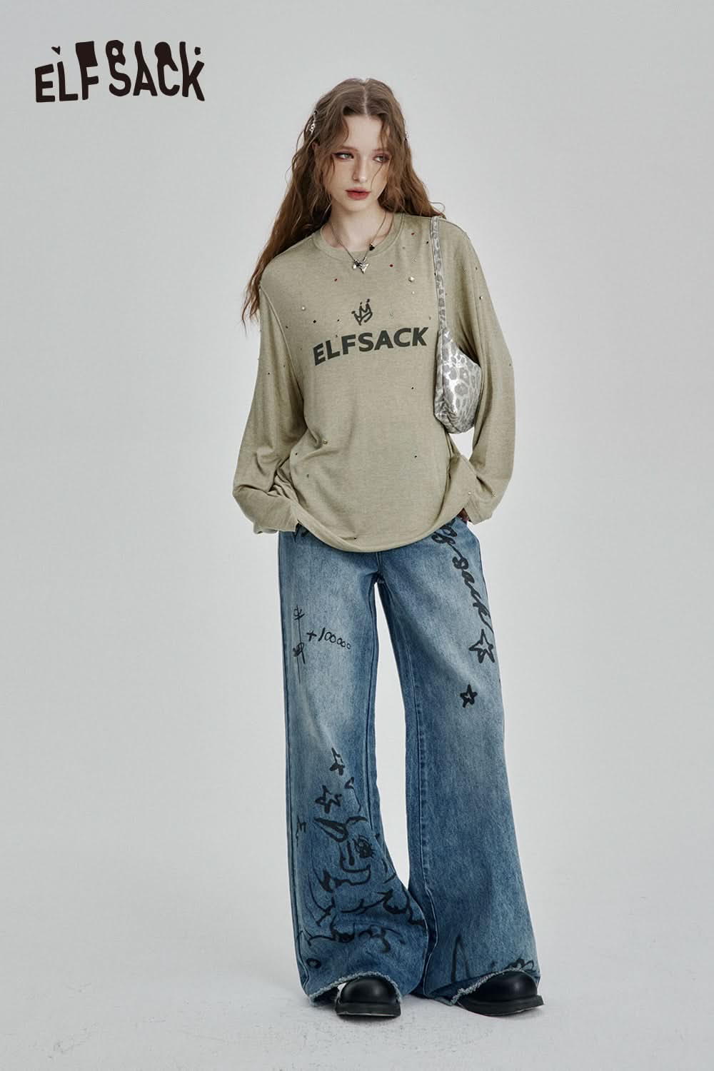 ELFSACK Vintage Diamonds Letter Print Long Sleeve T-Shirt Women Streetwear Casual Loose Top