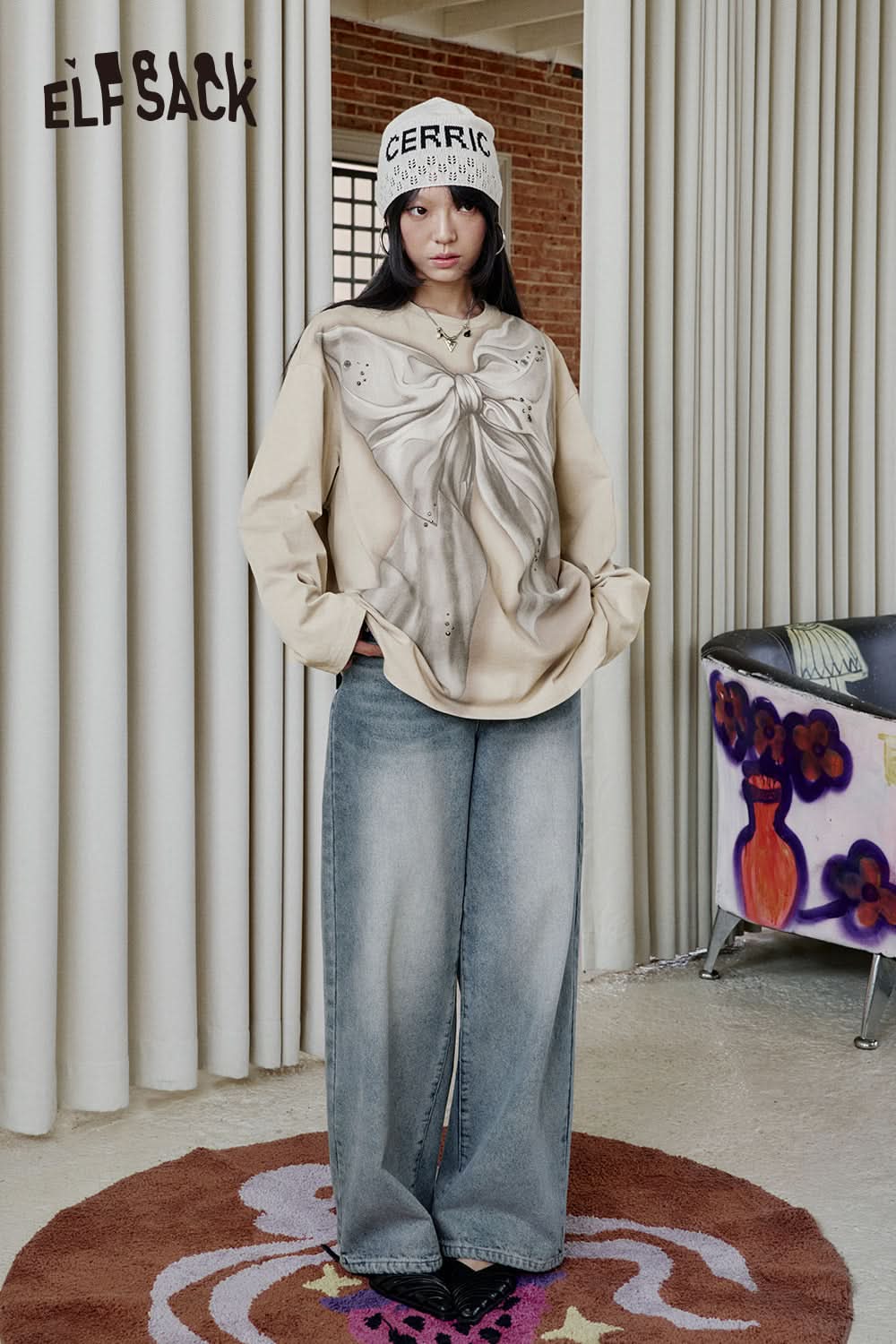 ELFSACK Y2K Bow Print Long Sleeve Cotton T-Shirt Women Casual Versatile Streetwear O-neck Top