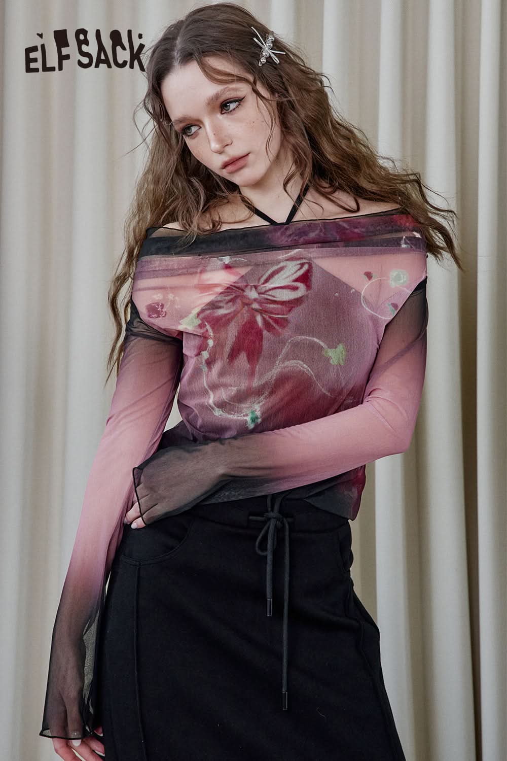 ELFSACK Sexy Off Shoulder Bow Printed Mesh Long Sleeve T-Shirt Women With Suspenders