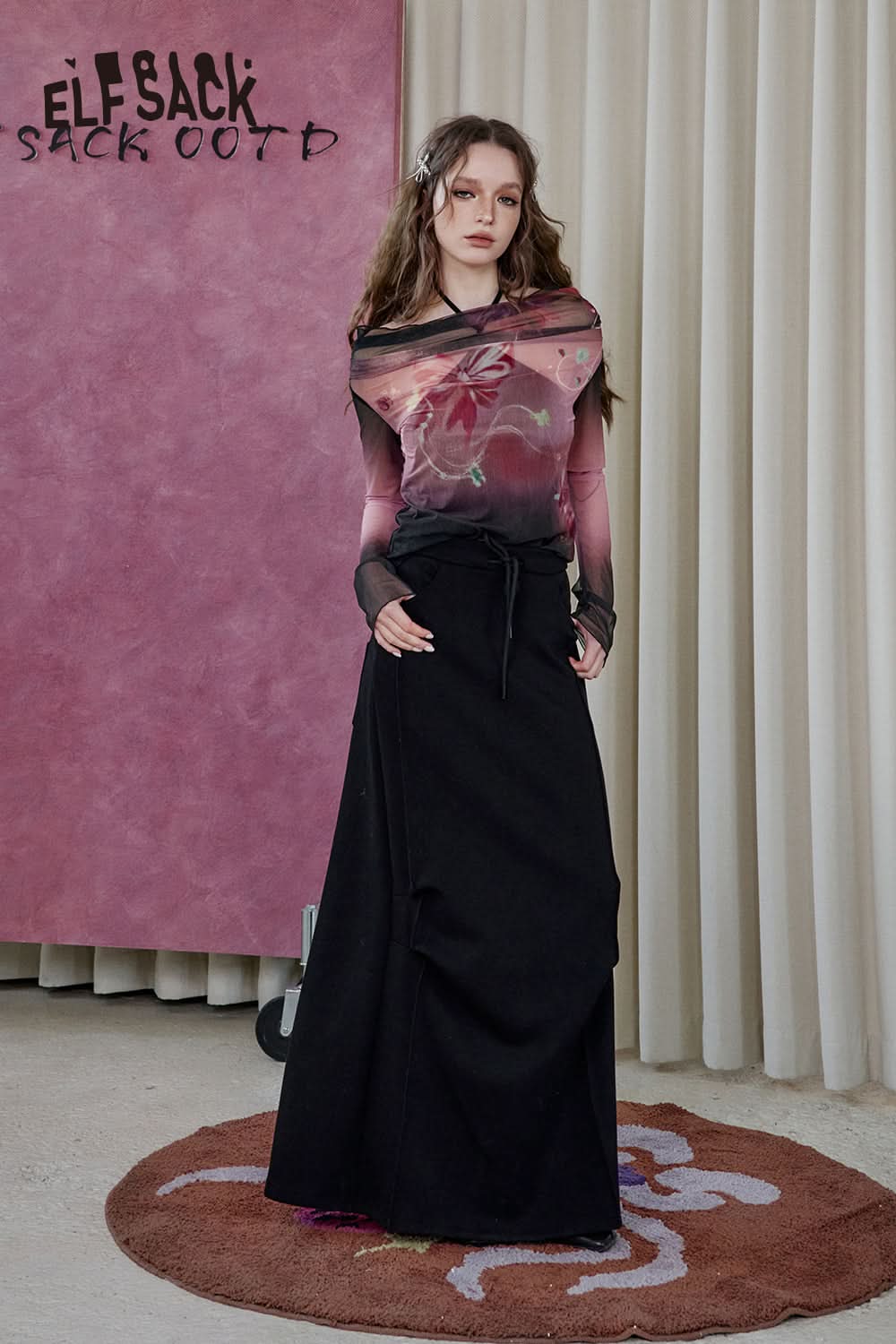 ELFSACK Sexy Off Shoulder Bow Printed Mesh Long Sleeve T-Shirt Women With Suspenders