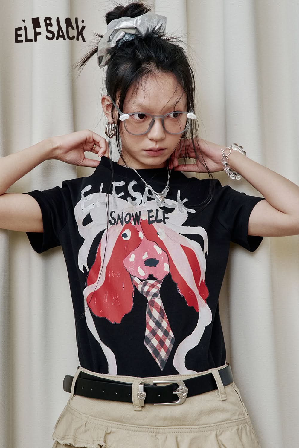 ELFSACK Y2K Printed Short Sleeve T-Shirt Women Sweet and Cool Short Top