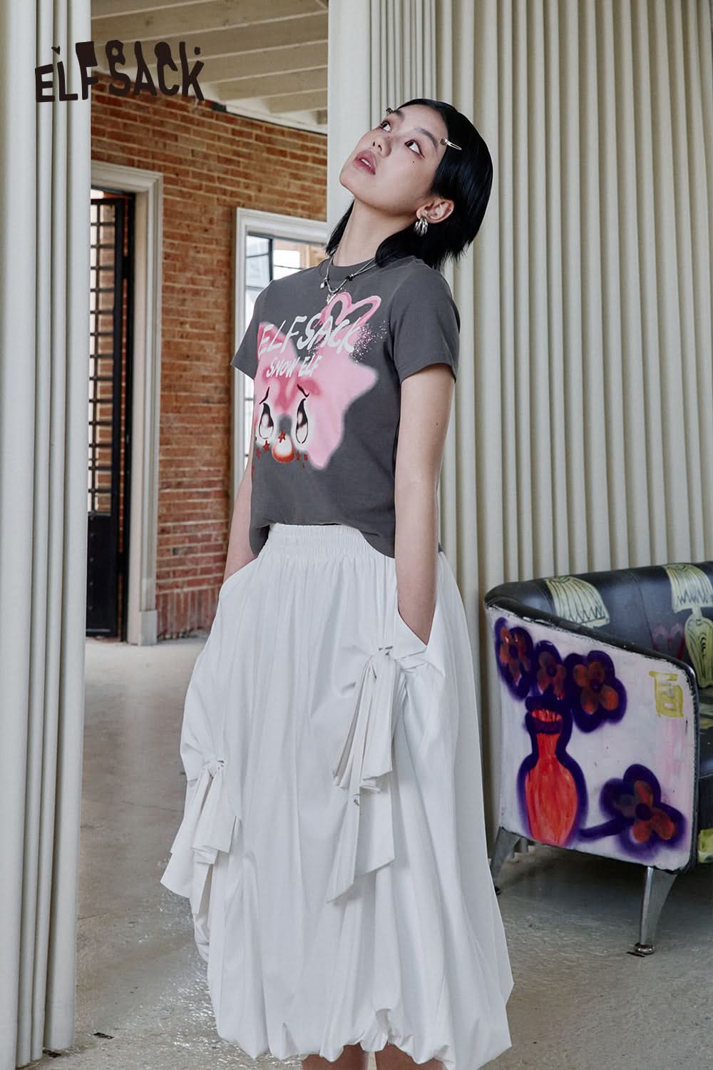 ELFSACK Y2K Printed Short Sleeve T-Shirt Women Sweet and Cool Short Top