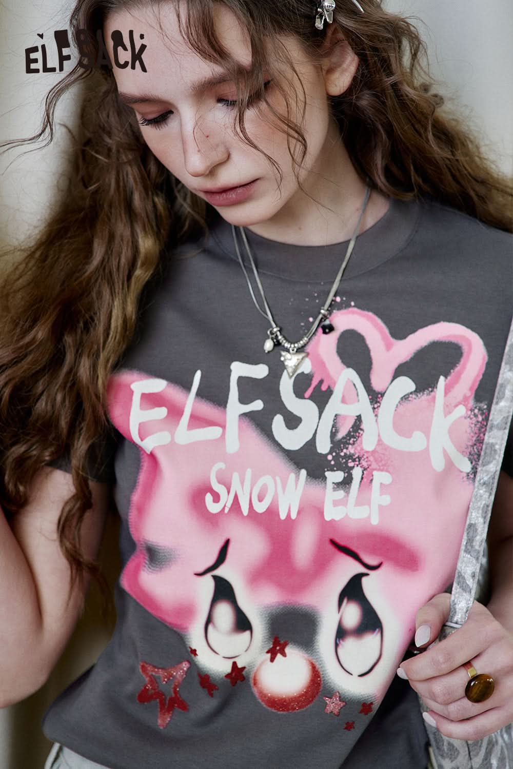 ELFSACK Y2K Printed Short Sleeve T-Shirt Women Sweet and Cool Short Top