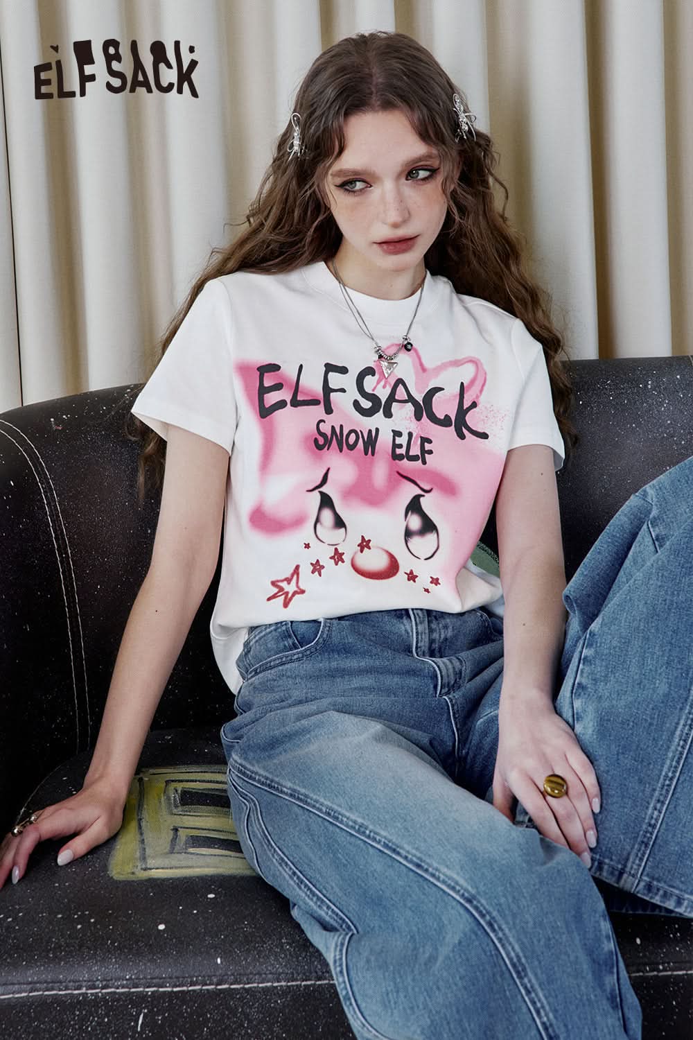 ELFSACK Y2K Printed Short Sleeve T-Shirt Women Sweet and Cool Short Top