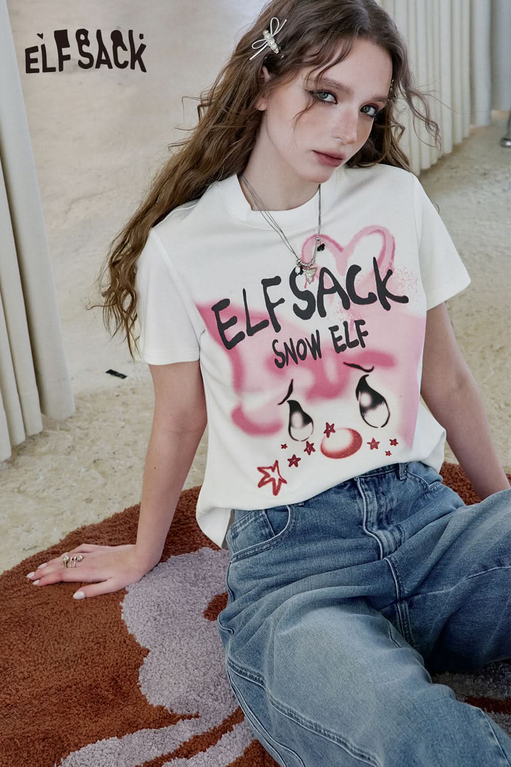 ELFSACK Y2K Printed Short Sleeve T-Shirt Women Sweet and Cool Short Top