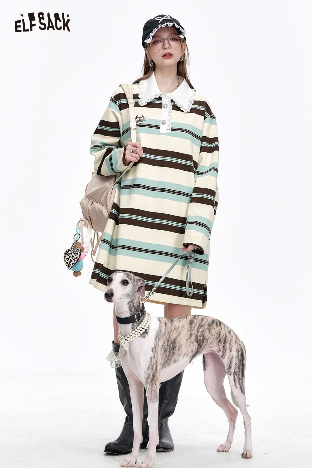 ELFSACK Doll Collar Stripes Contrast Color Long Sleeve Lace Patchwork Female Dress