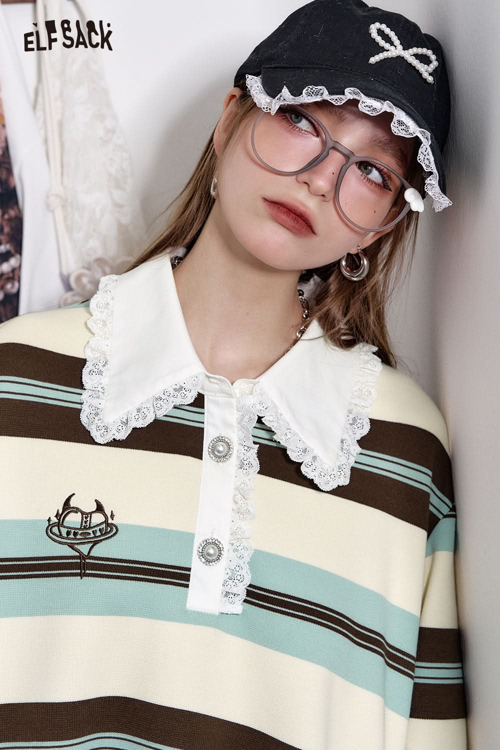 ELFSACK Doll Collar Stripes Contrast Color Long Sleeve Lace Patchwork Female Dress