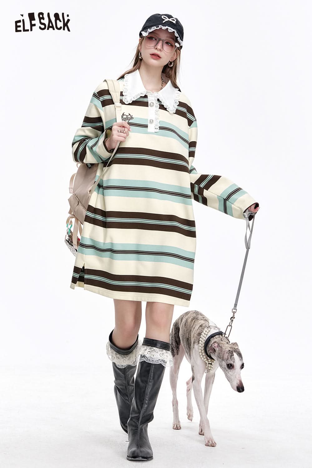 ELFSACK Doll Collar Stripes Contrast Color Long Sleeve Lace Patchwork Female Dress