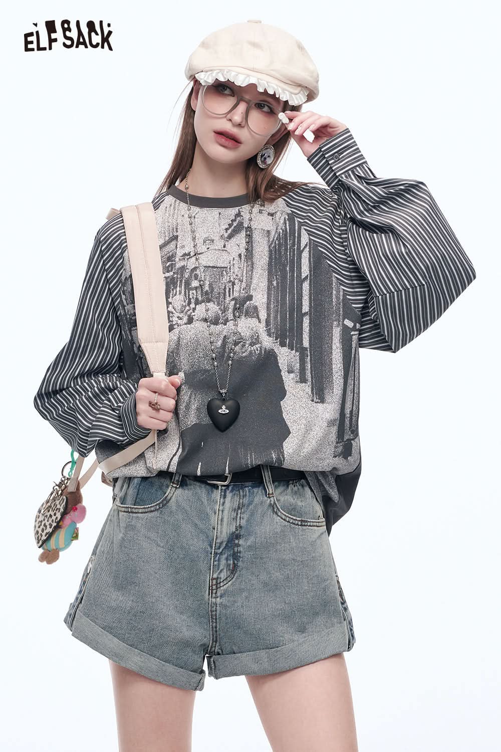 ELFSACK Retro Striped Shirt Stitching Printed Long Sleeve Cotton T-Shirt Women