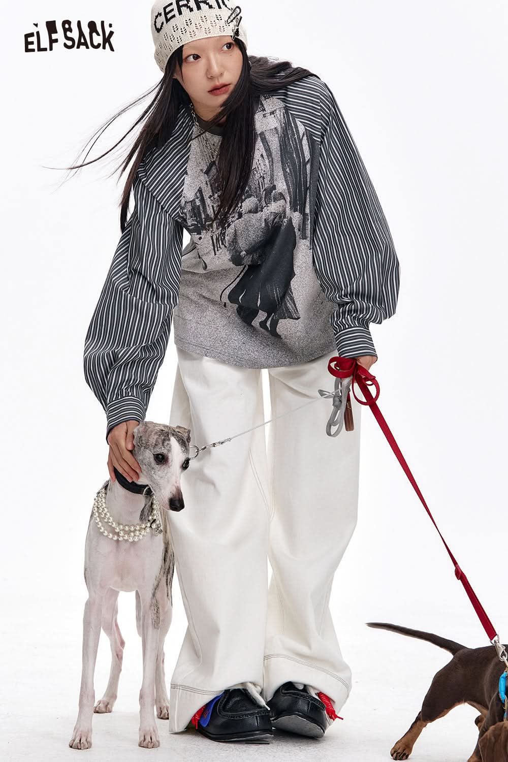 ELFSACK Retro Striped Shirt Stitching Printed Long Sleeve Cotton T-Shirt Women