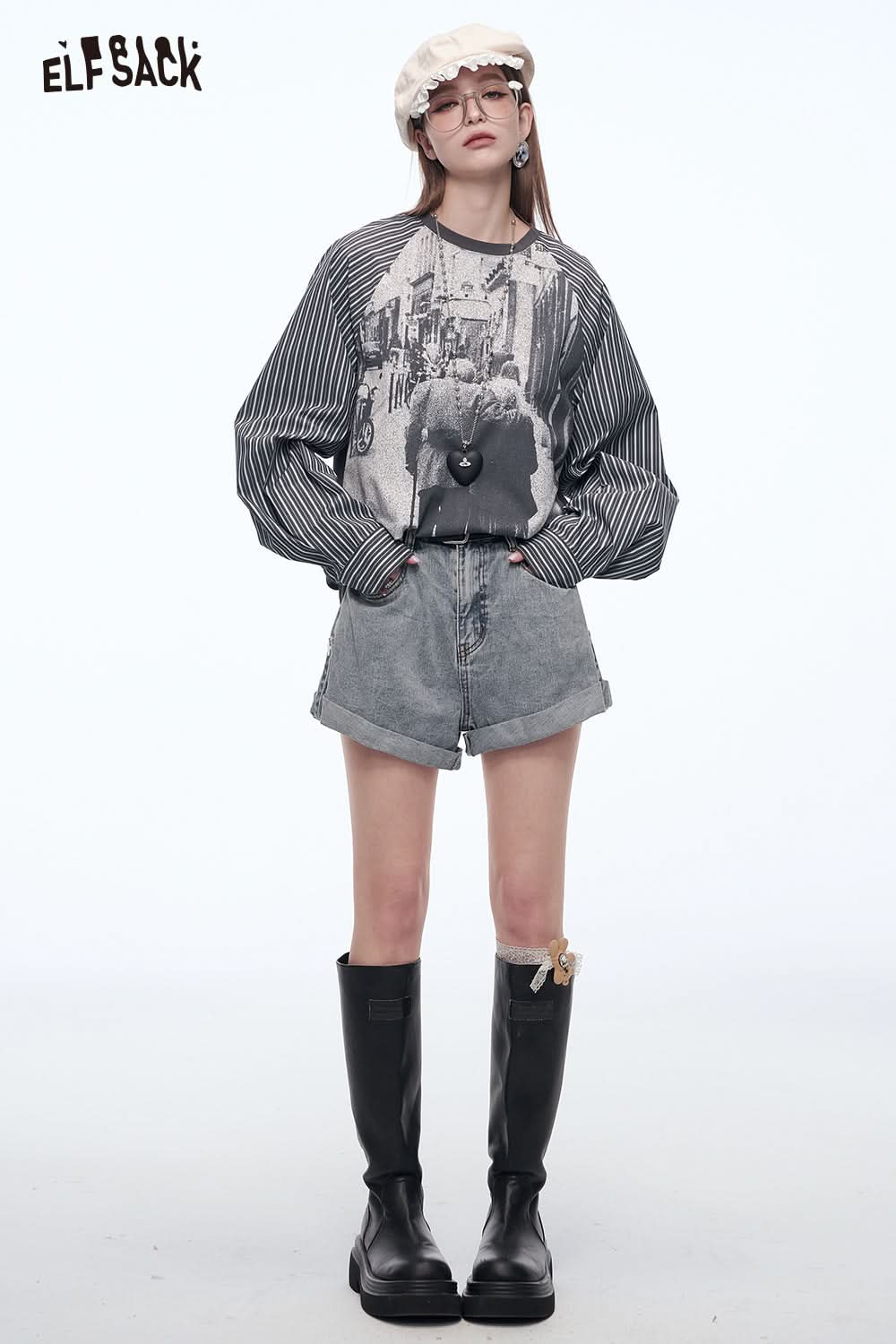 ELFSACK Retro Striped Shirt Stitching Printed Long Sleeve Cotton T-Shirt Women