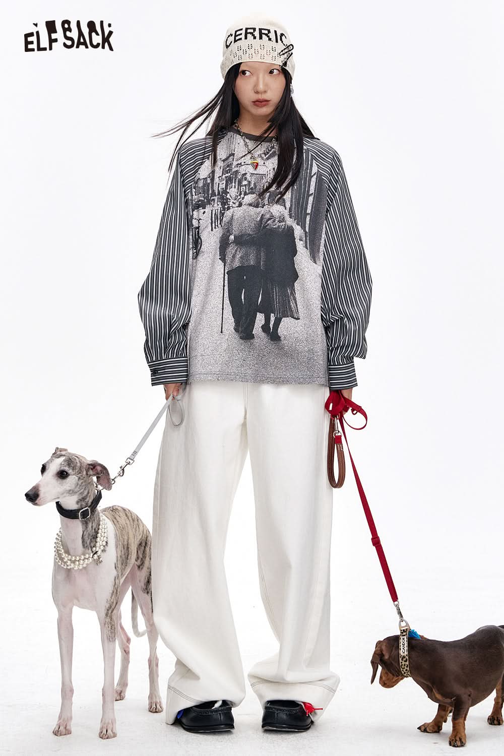 ELFSACK Retro Striped Shirt Stitching Printed Long Sleeve Cotton T-Shirt Women