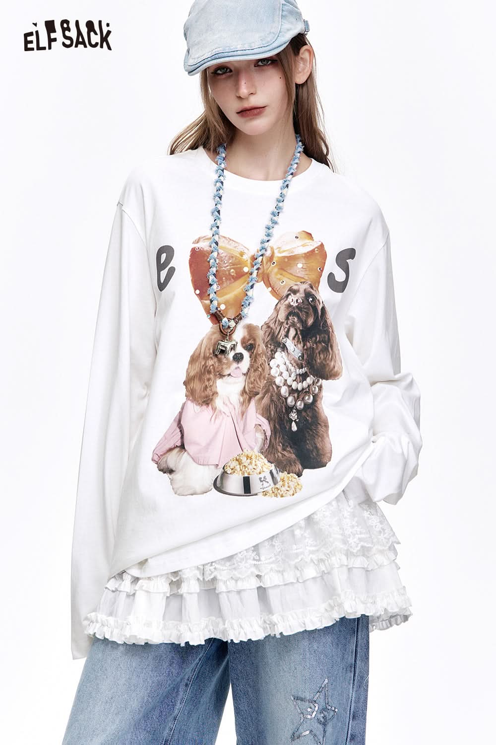 ELFSACK Cute Casual White Puppy Print Long Sleeve T-Shirt Women