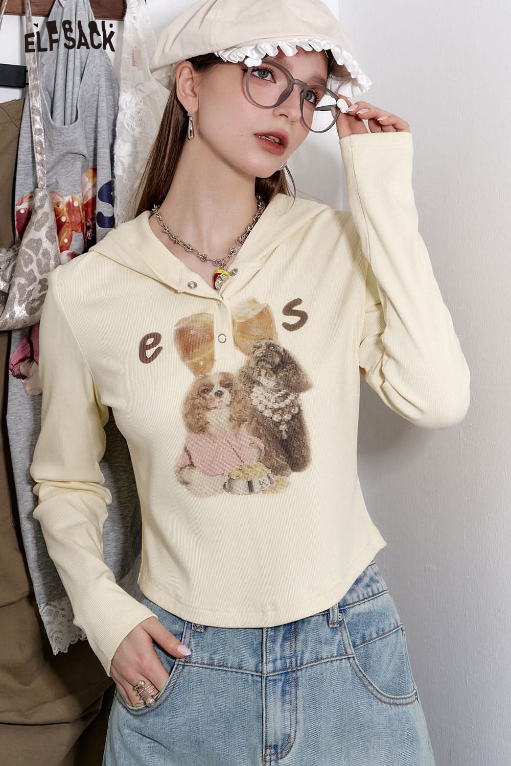 ELFSACK Cute Casual Puppy Printed Hooded Short T-shirt Women