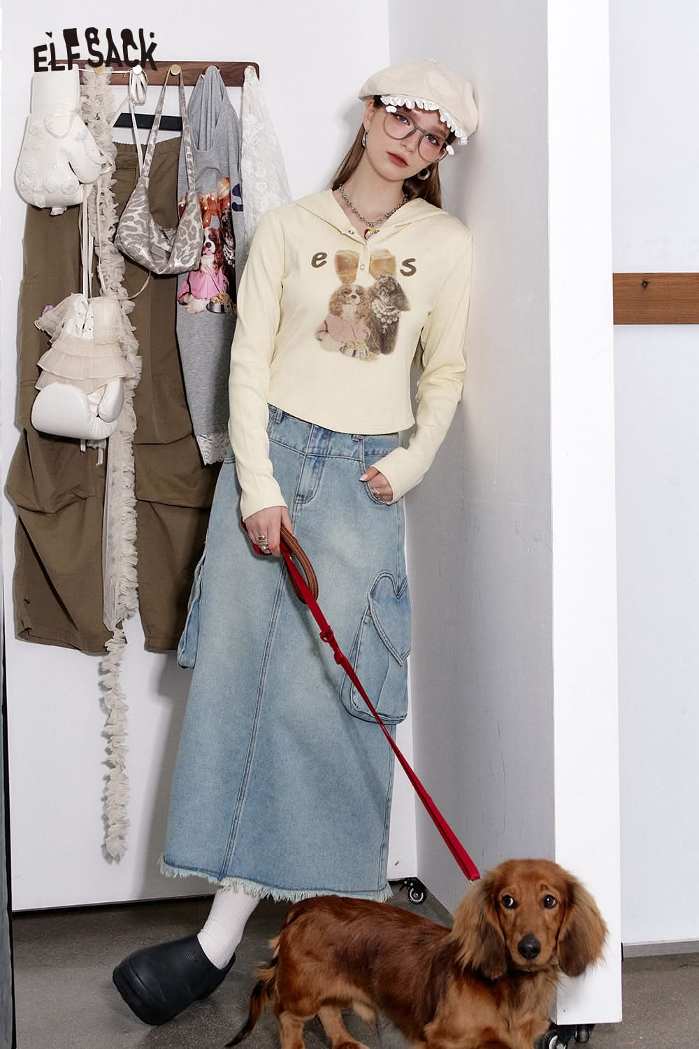 ELFSACK Cute Casual Puppy Printed Hooded Short T-shirt Women