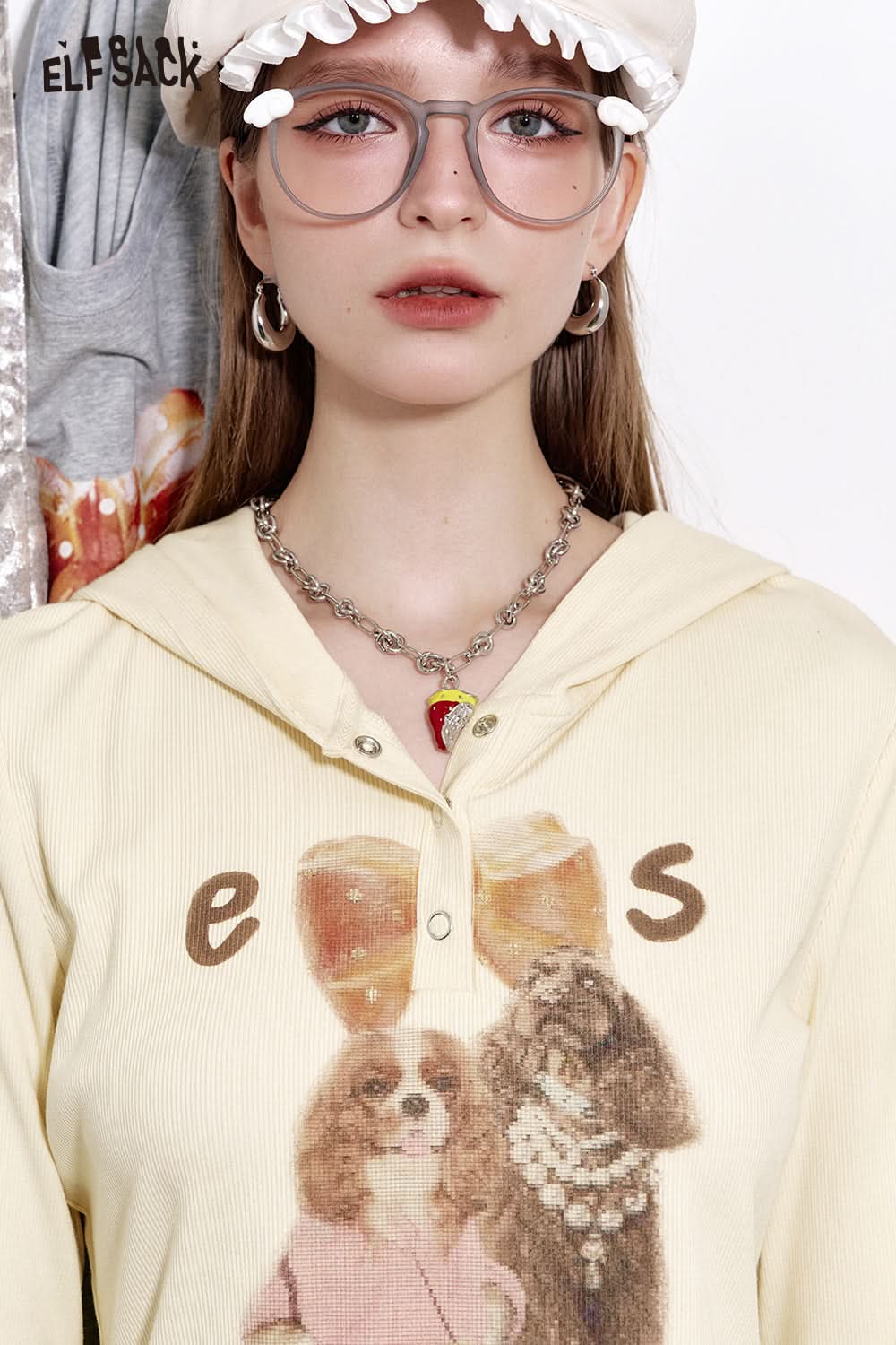 ELFSACK Cute Casual Puppy Printed Hooded Short T-shirt Women