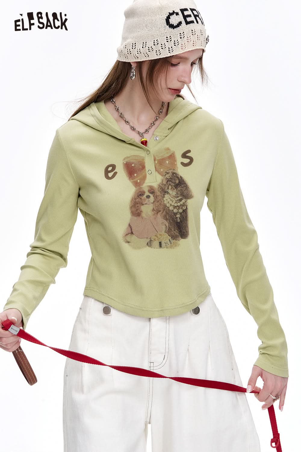 ELFSACK Cute Casual Puppy Printed Hooded Short T-shirt Women